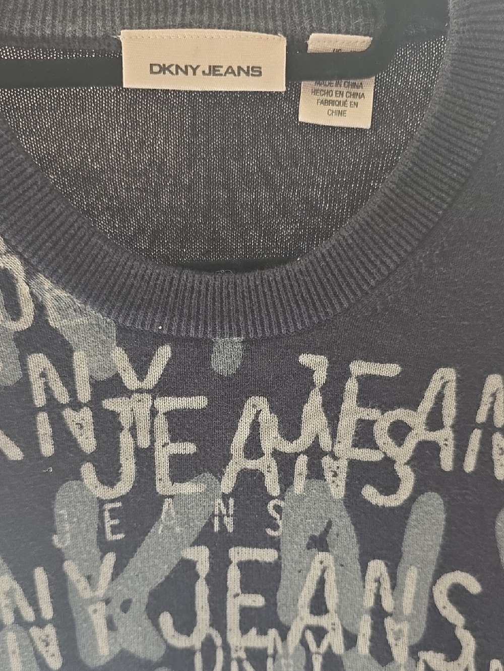 DKNY Navy Crewneck Sweater with Light Gray Logo Print
